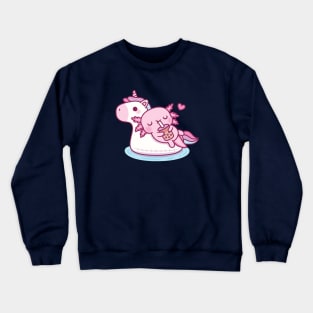 Cute Axolotl Chilling On Unicorn Pool Float Drinking Bubble Tea Crewneck Sweatshirt